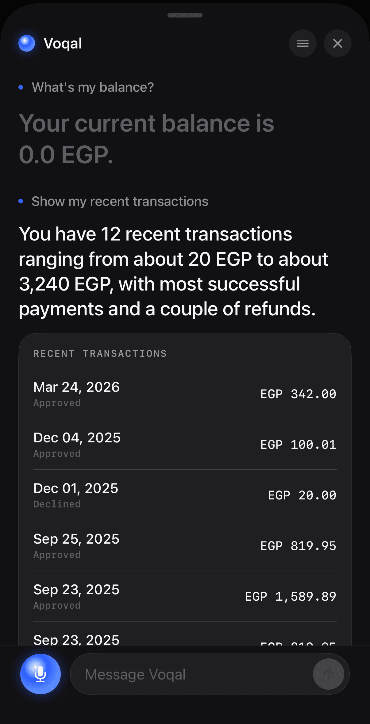 A dark-theme transactions list with dates, approval status and amounts beneath a spoken summary of the range
