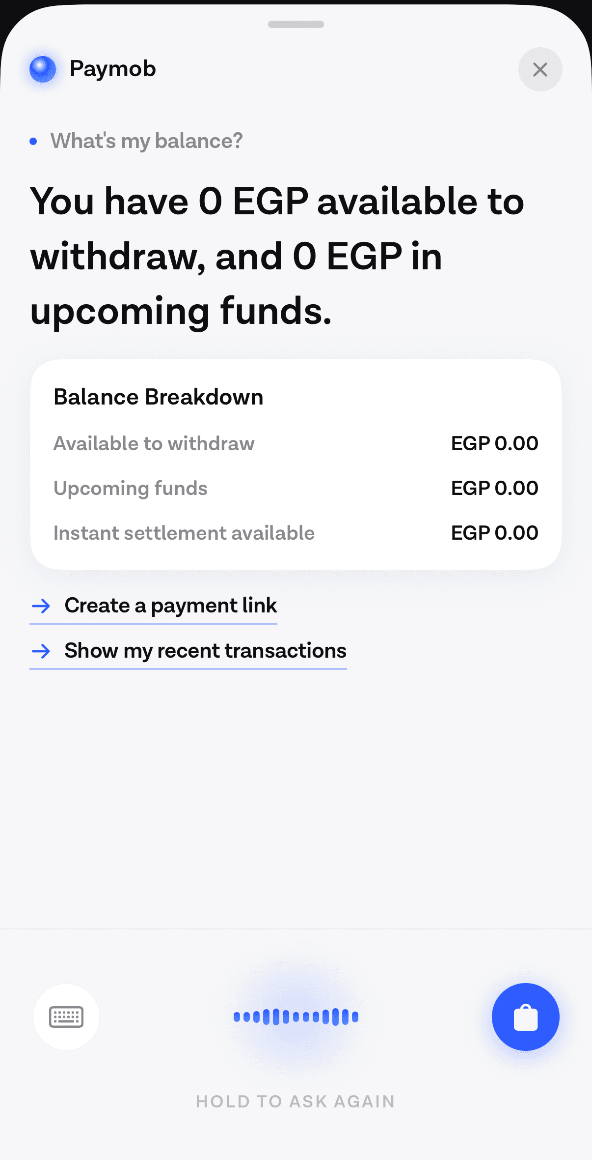 The Voqal iOS SDK answering a balance question inside a payments app, showing a spoken answer headline, a balance breakdown card reading EGP 0.00 on every row, and two follow-up chips above the voice dock.