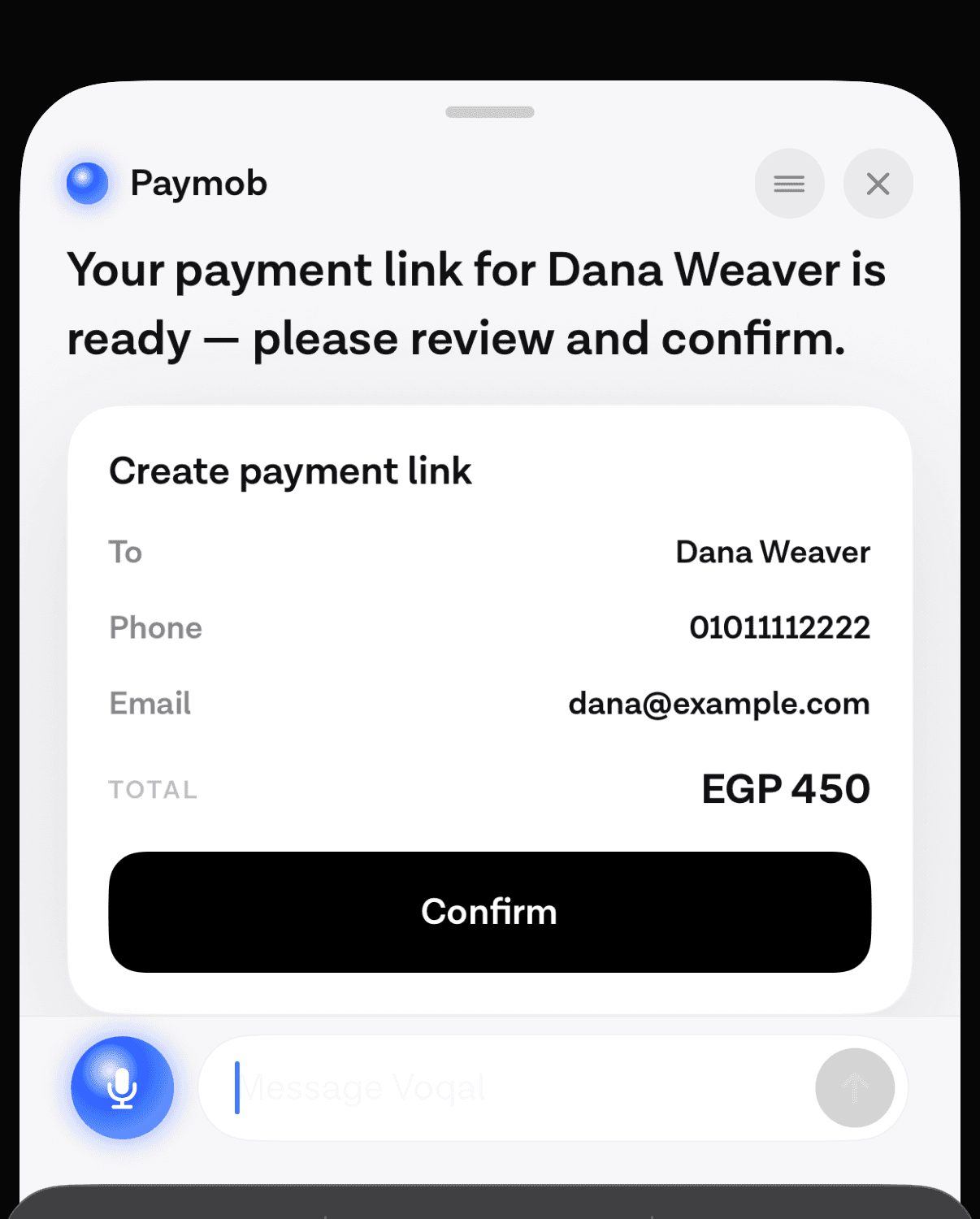 A confirm card for a 1,000 EGP payment link, cropped to the widget, with the amount stated and an approve control beneath it.